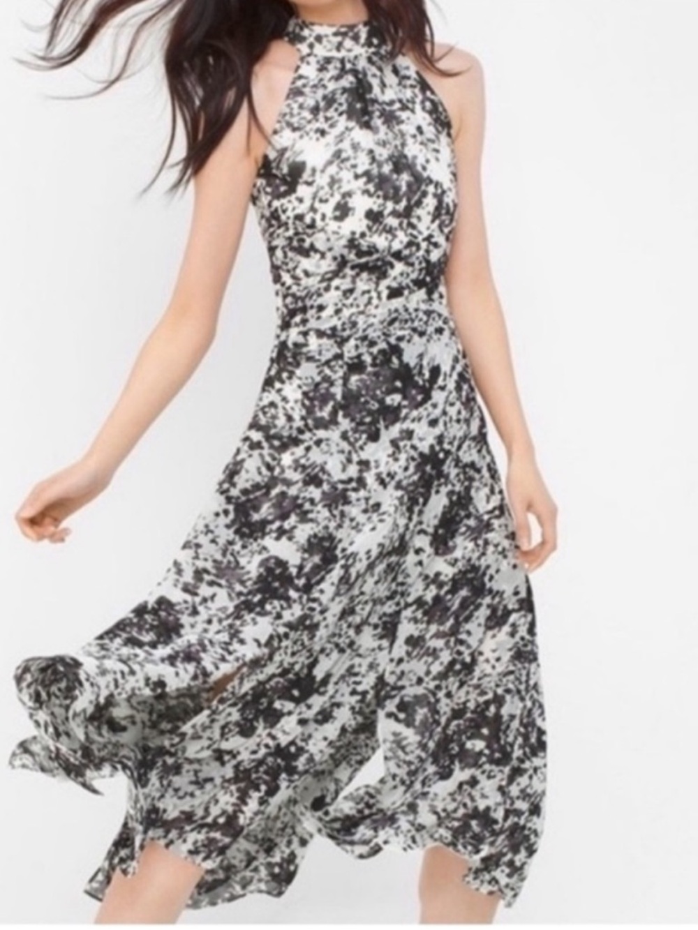 White House Black Market NEW Chiffon Halter Floral Midi Dress White Black 12